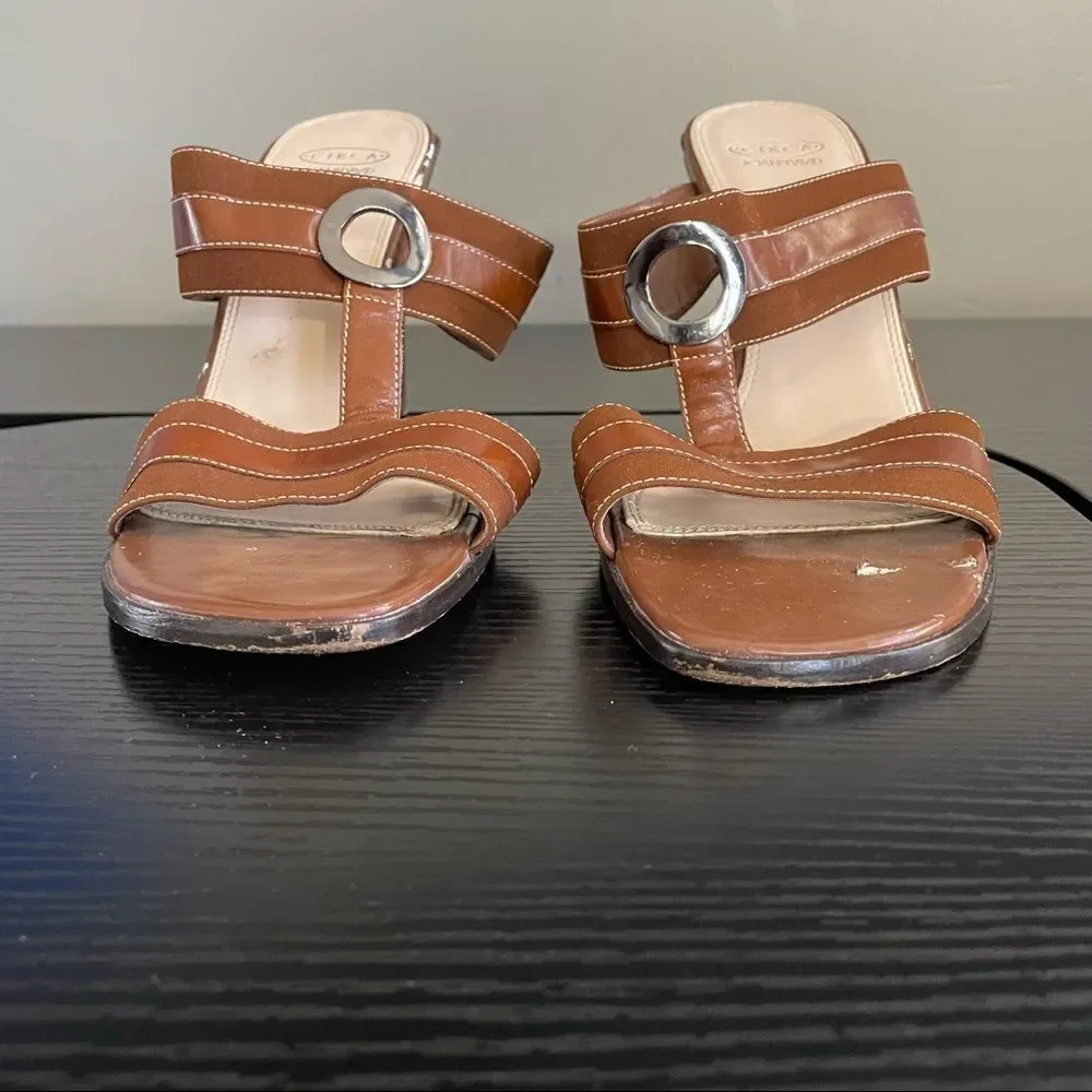 Circa Joan & David Brown Fabric Upper and Leather Sole Mule Sandal, 10